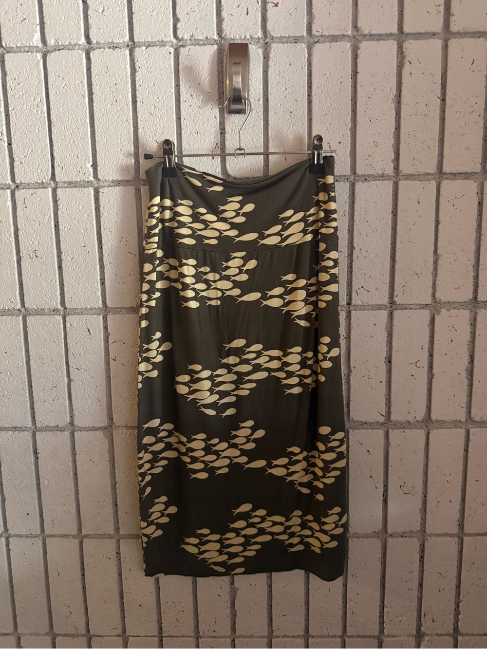 Ava Sky Olive Green Midi Skirt with Cream Fishprint